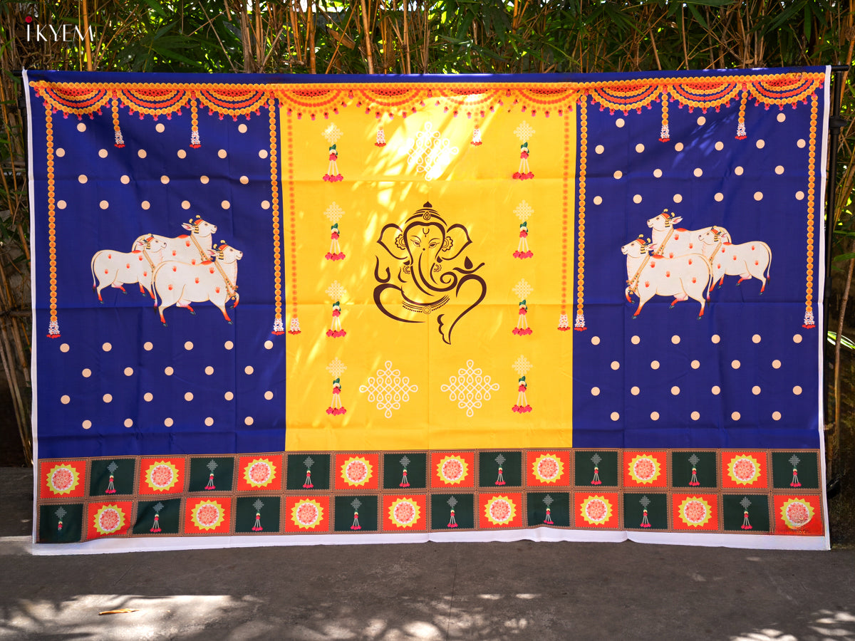 Pichwai Backdrop with Ganesha-yellow with blue - (5×8 feet)- KC11129