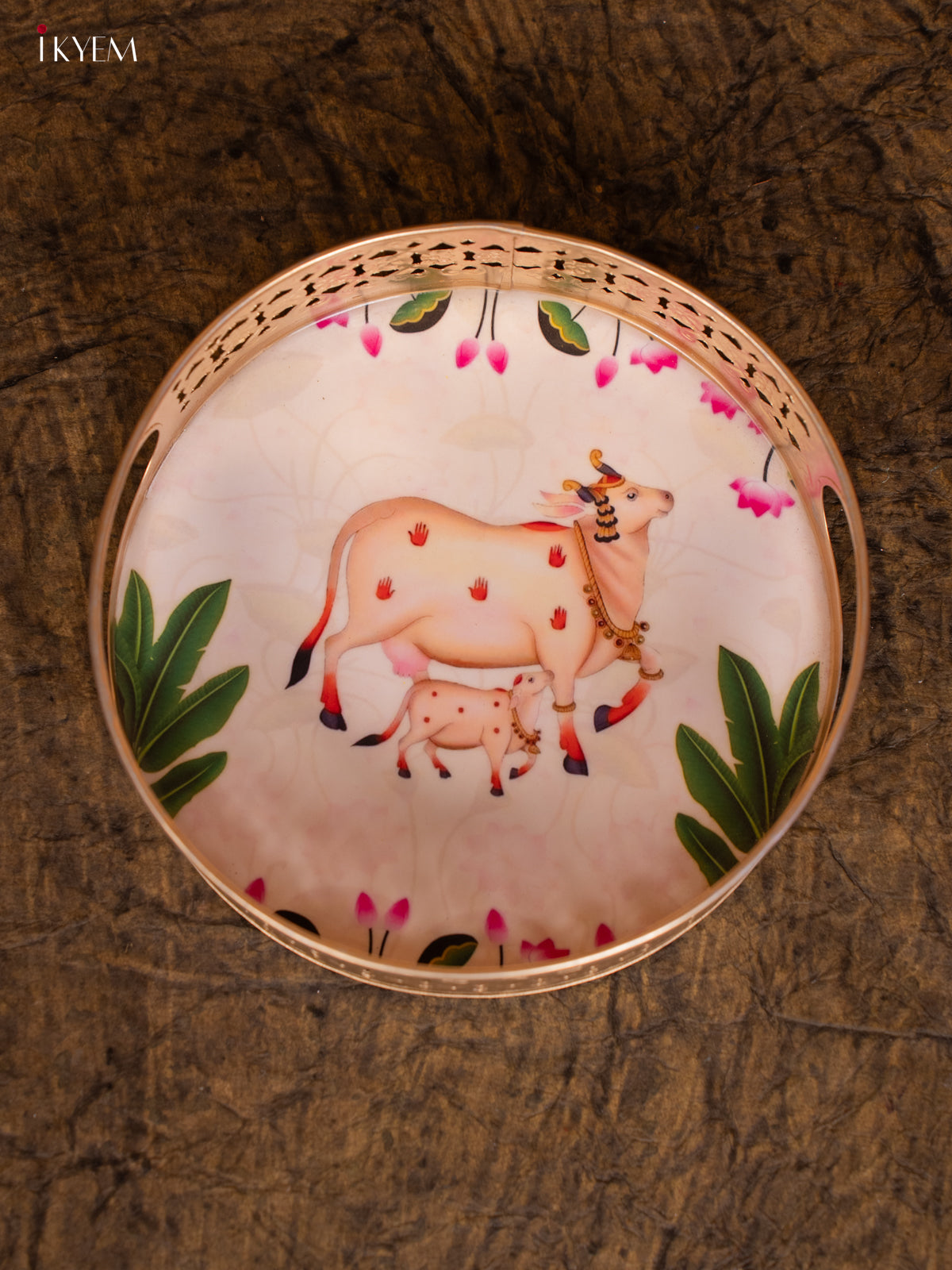 Digital Printed Pichwai Round tray - cow & calf - (8×8)- KC12130