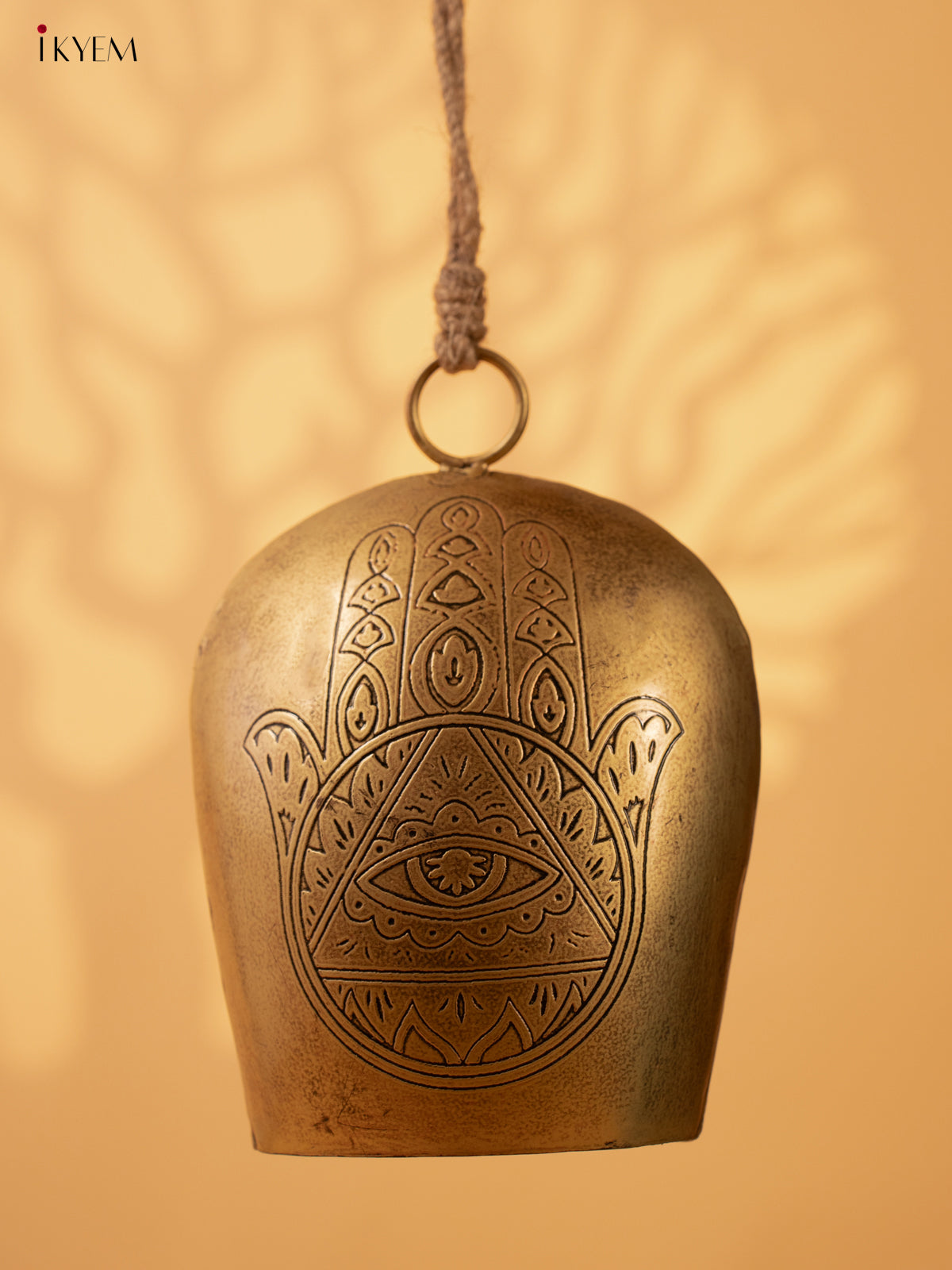 Metal Cow Bell with Hamsa Hand Engraving & Rope Handle - Big - KL04118