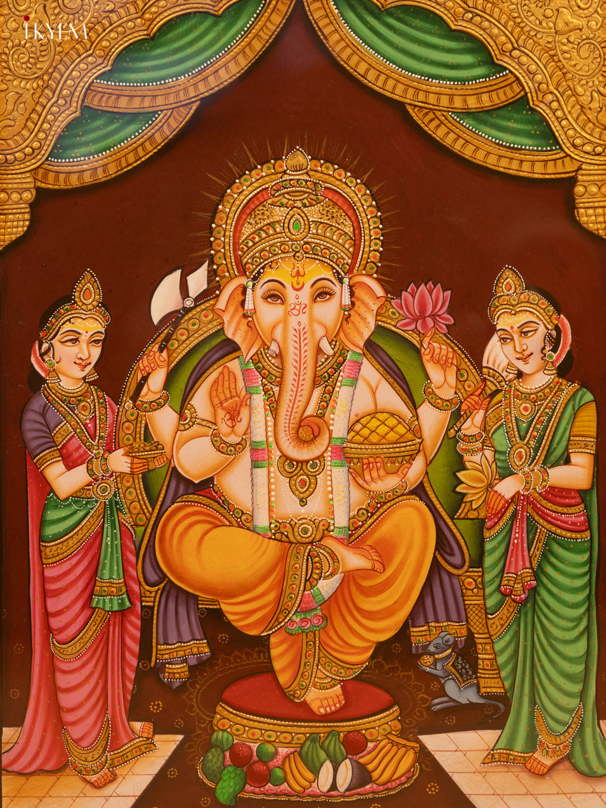 Ganesha with Riddhi and Siddhi Hand Painting (20x16) - KL07113